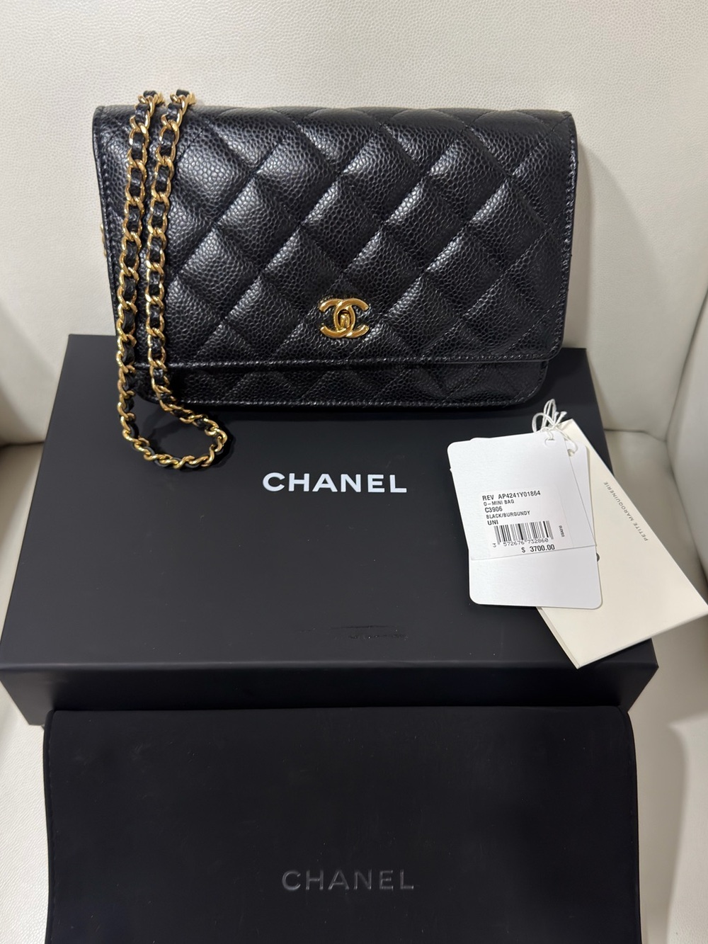 CHANEL REV Black Caviar Quilted CC Turn Lock Wallet/Bag On Chain
